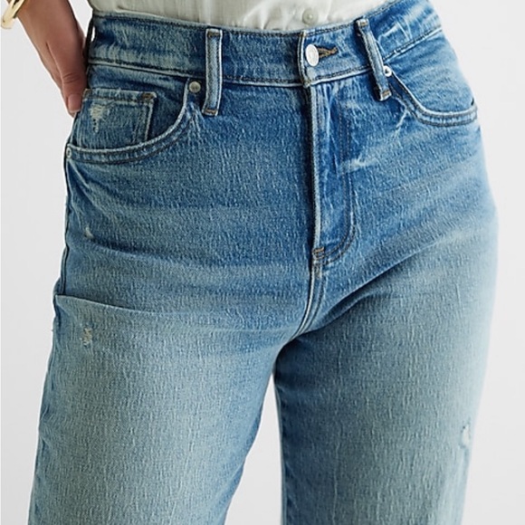 NWT EXPRESS High Waisted Medium Wash Drop Hem Straight Ankle Jeans, 4 short (4S) - Picture 13 of 14